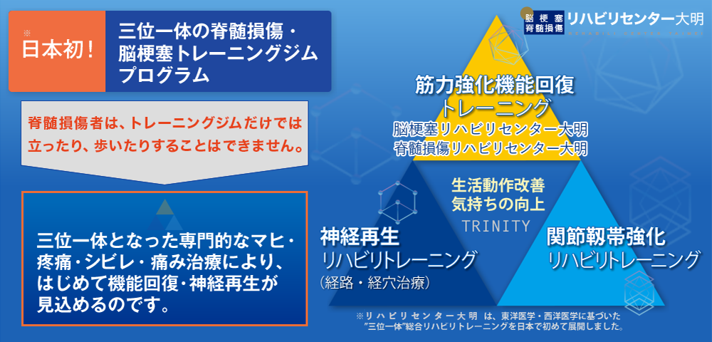 三位一体の脊髄損傷・脳梗塞トレーニングプログラム　三位一体となった専門的なマヒ・疼痛・シビレ・痛み治療によりはじめて機能回復・神経再生が見込めるのです　リハビリセンター大明は、東洋医学・西洋医学に基づいた
